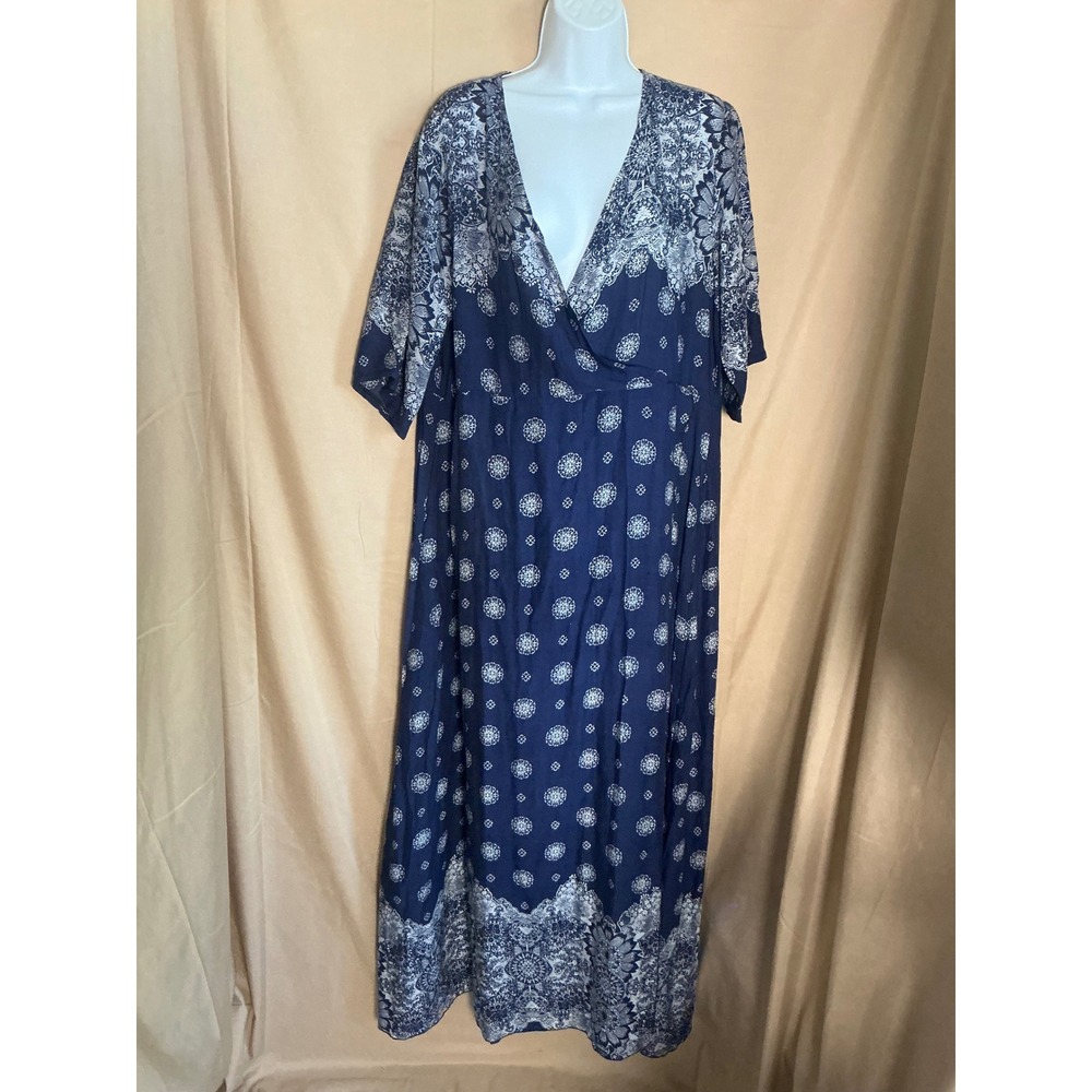 Unbranded Maxi Dress Women XL Navy Blue Excellent Boho Paisley Mandala V-Neck